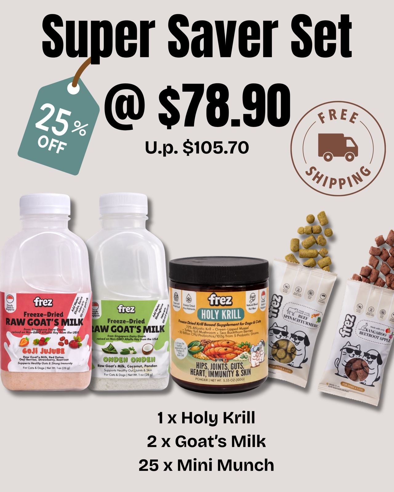 New Launch Super Saver Set - 1 x Holy Krill, 2 x Goat's Milk, 25 Mini Munch Treats